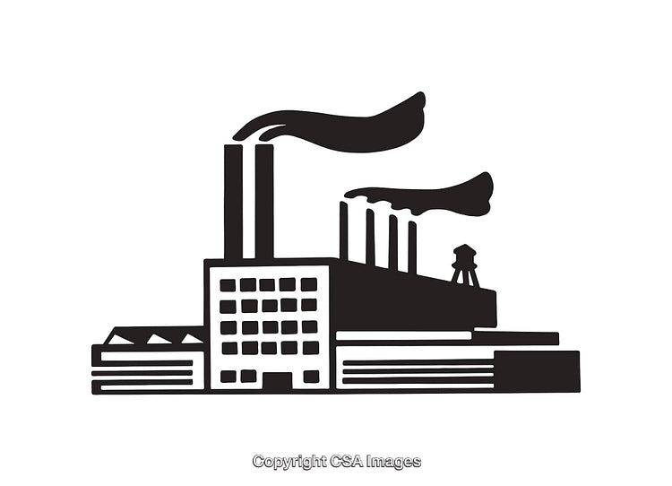 Black and White Line Art Illustration of a Factory with Smoke Stacks