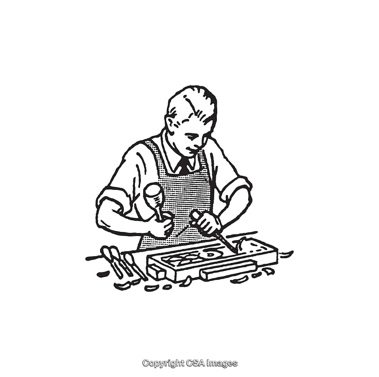 Black and White Illustration of a Traditional Woodworking Craft Scene