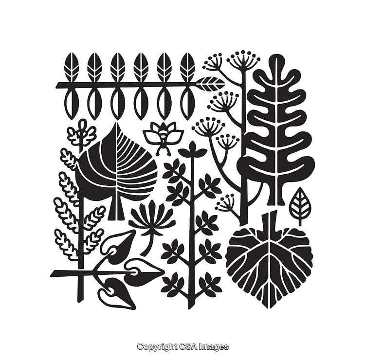 Black and White Botanical Silhouettes of Leaves and Plants Design Pattern