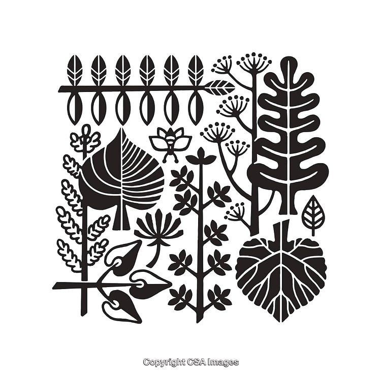 Black and White Botanical Silhouettes of Leaves and Plants Design Pattern