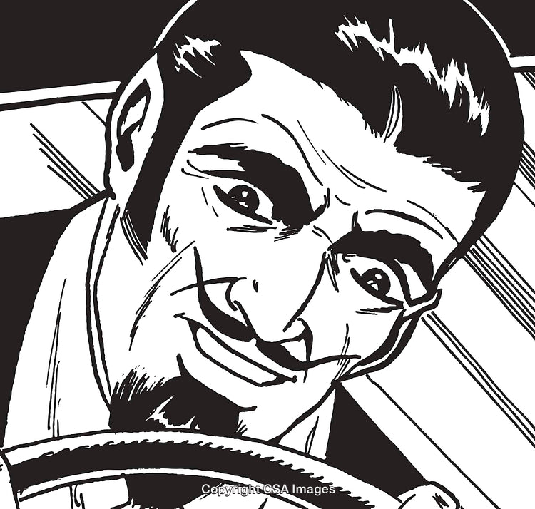 Black and White Illustration of a Man Driving With Intensity