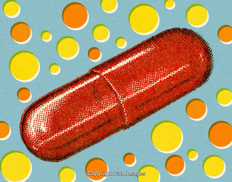 Colorful Pop Art Illustration Featuring a Red Capsule and Circular Patterns