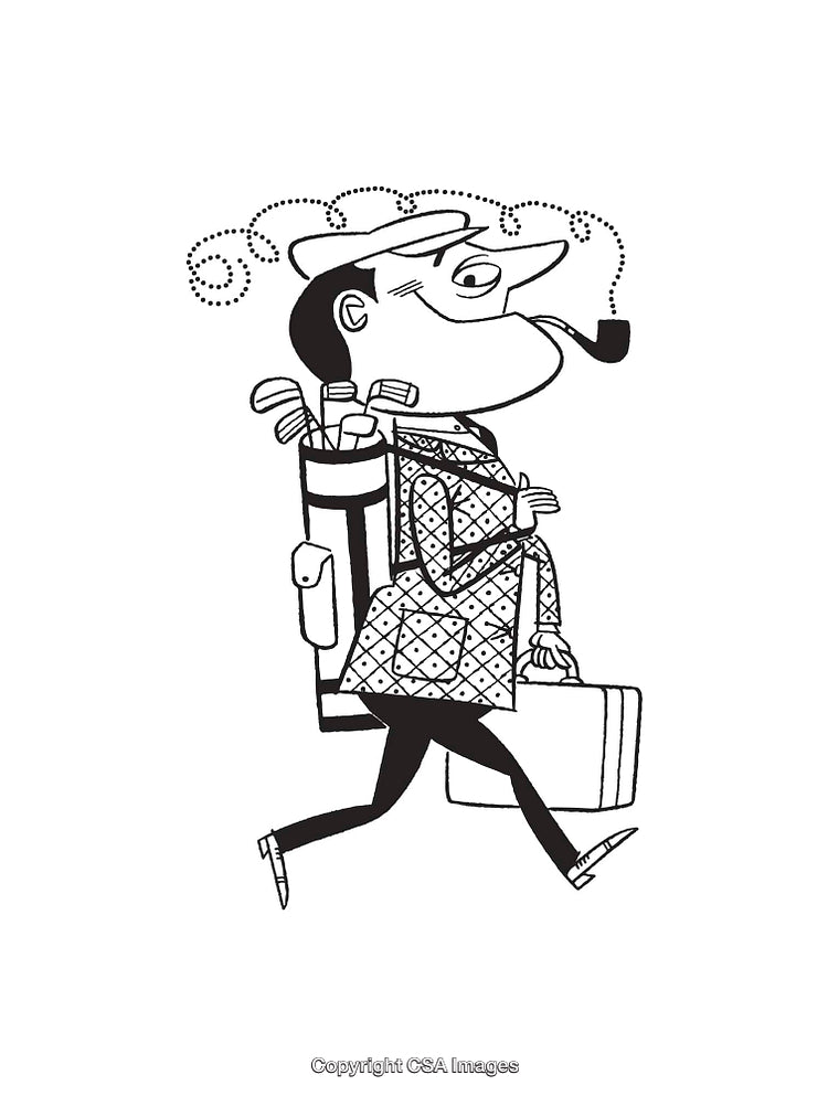 Vintage Gentleman Cartoon Line Art with Suitcase and Golf Clubs