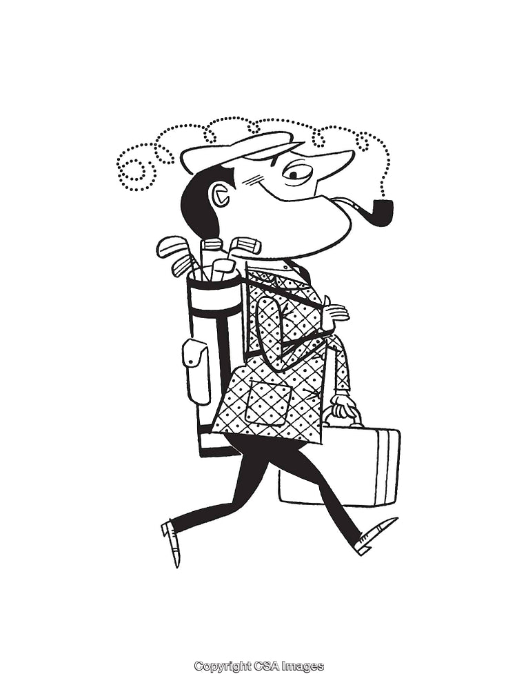 Vintage Gentleman Cartoon Line Art with Suitcase and Golf Clubs