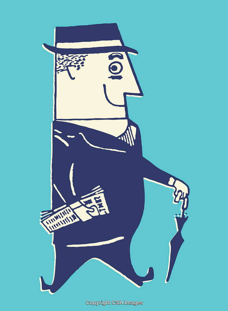 Retro Styled Illustration of a Gentleman Holding an Umbrella and Newspaper