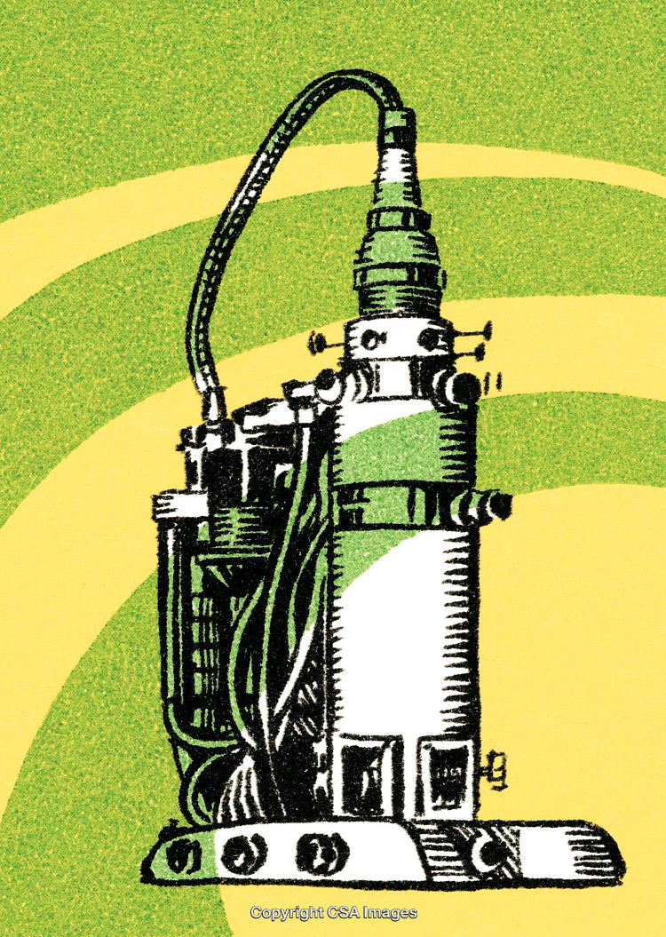 Retro Styled Industrial Machine Illustration with Vibrant Green Background