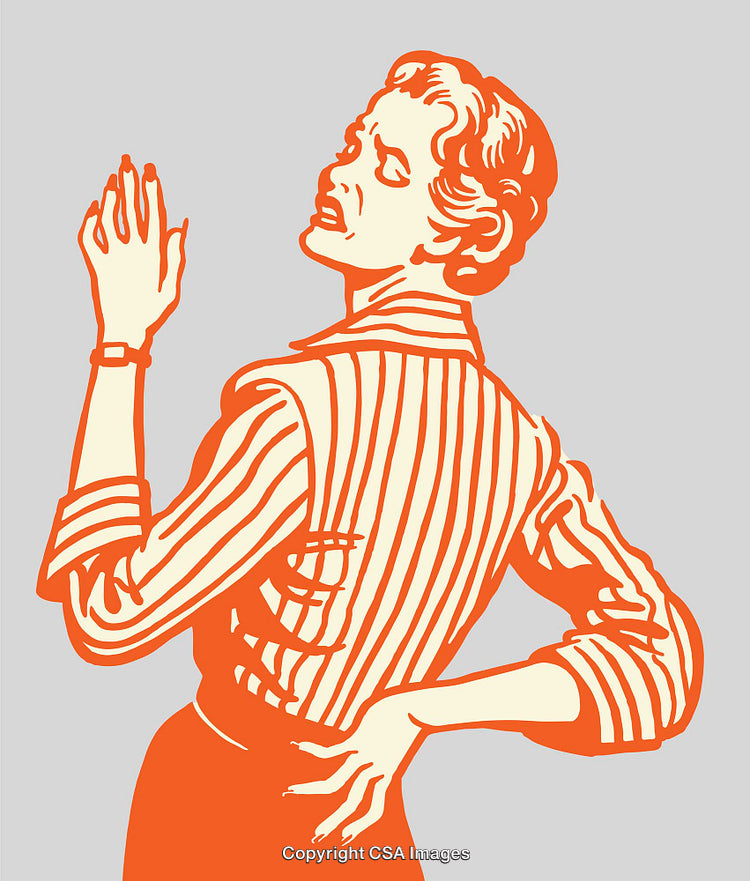 Retro Line Art Illustration of a Woman Expressing Concern with Gestures
