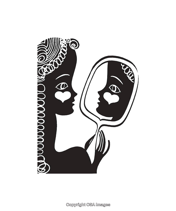 Black and White Line Art of a Woman and Holding a Mirror