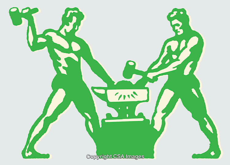 Two Blacksmiths Collaborating in Green Illustration Artwork