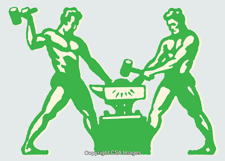 Two Blacksmiths Collaborating in Green Illustration Artwork