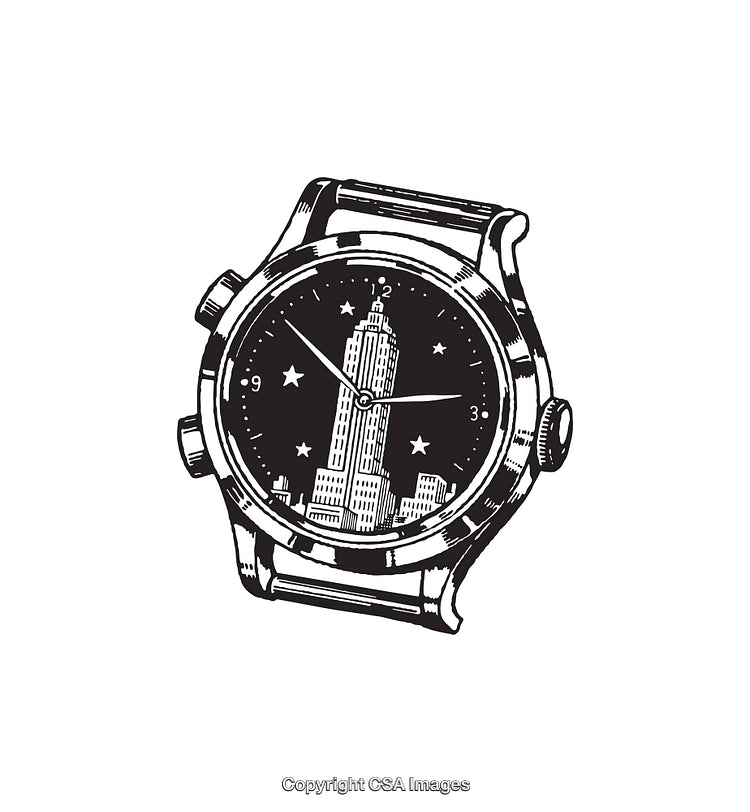 Stylized Watch Illustration Featuring Cityscape In Black And White Line Art