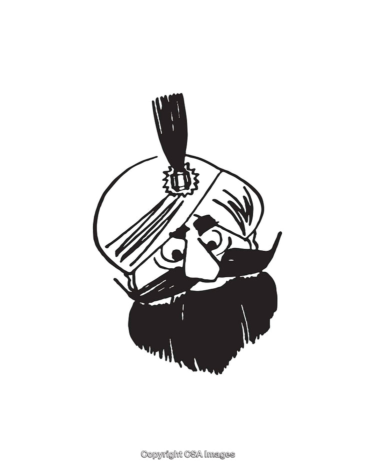 Black and White Illustration of a Turbaned Bearded Character in Line Art