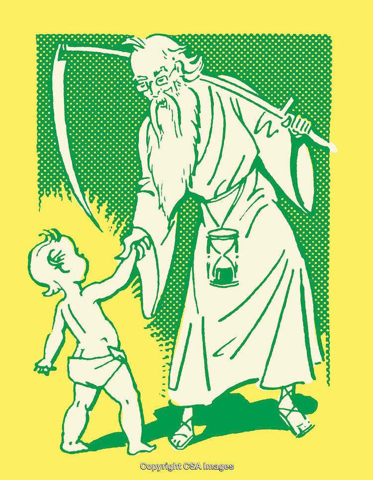 Vintage Line Art Illustration Depicting Father Time and Newborn Baby