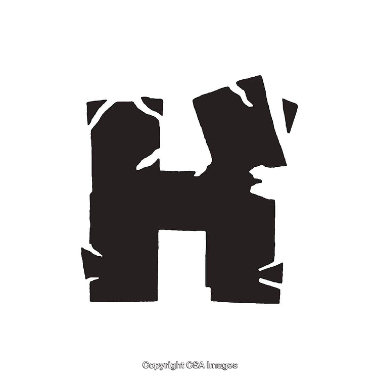 Distressed and Broken Letter H in Black on White Background