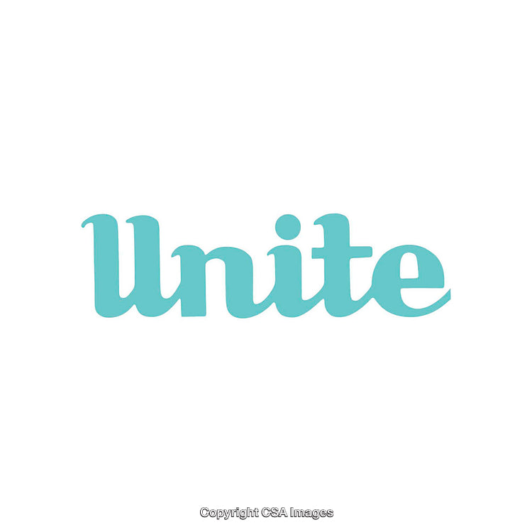 Blue Script Lettering of Unite on a White Background