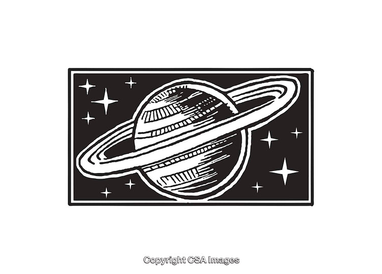 Black and White Line Art of a Planet with Rings in Space