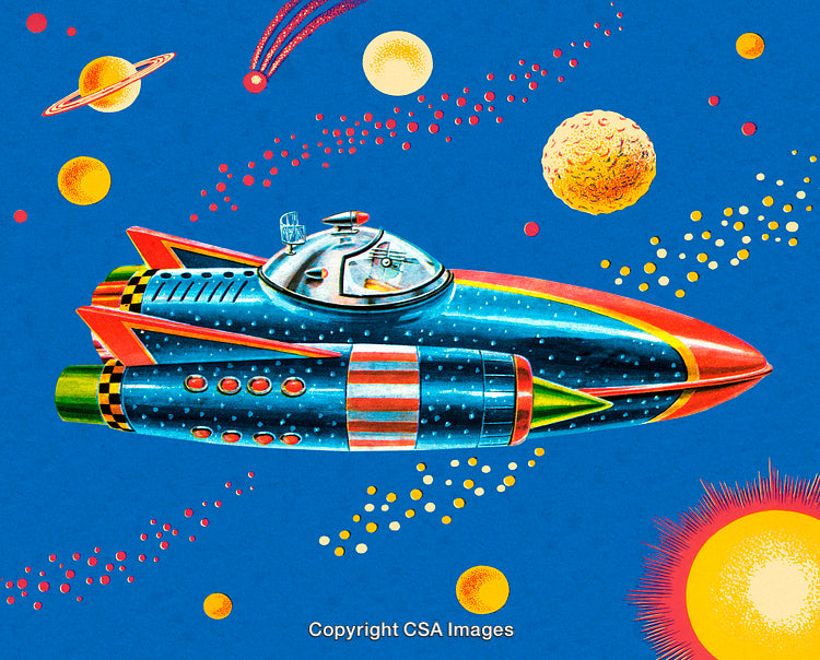 Colorful Retro Spaceship Illustration with Planets and Outer Space Elements