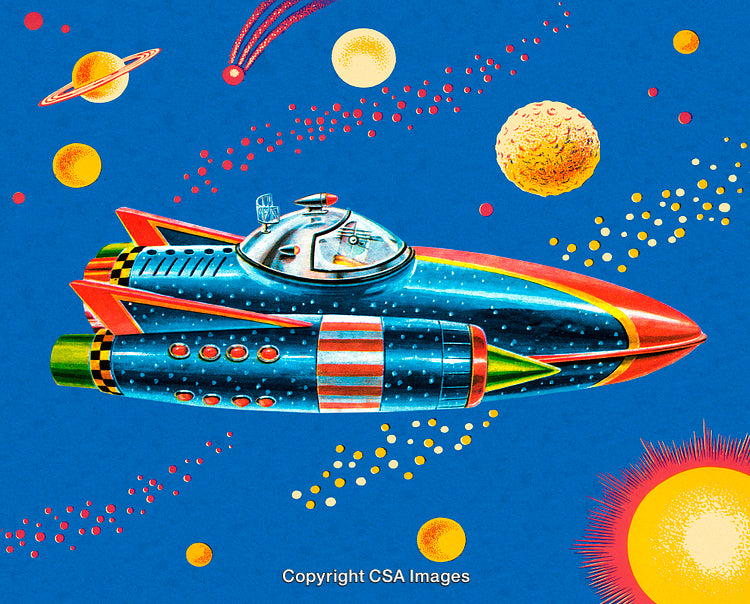 Colorful Retro Spaceship Illustration with Planets and Outer Space Elements