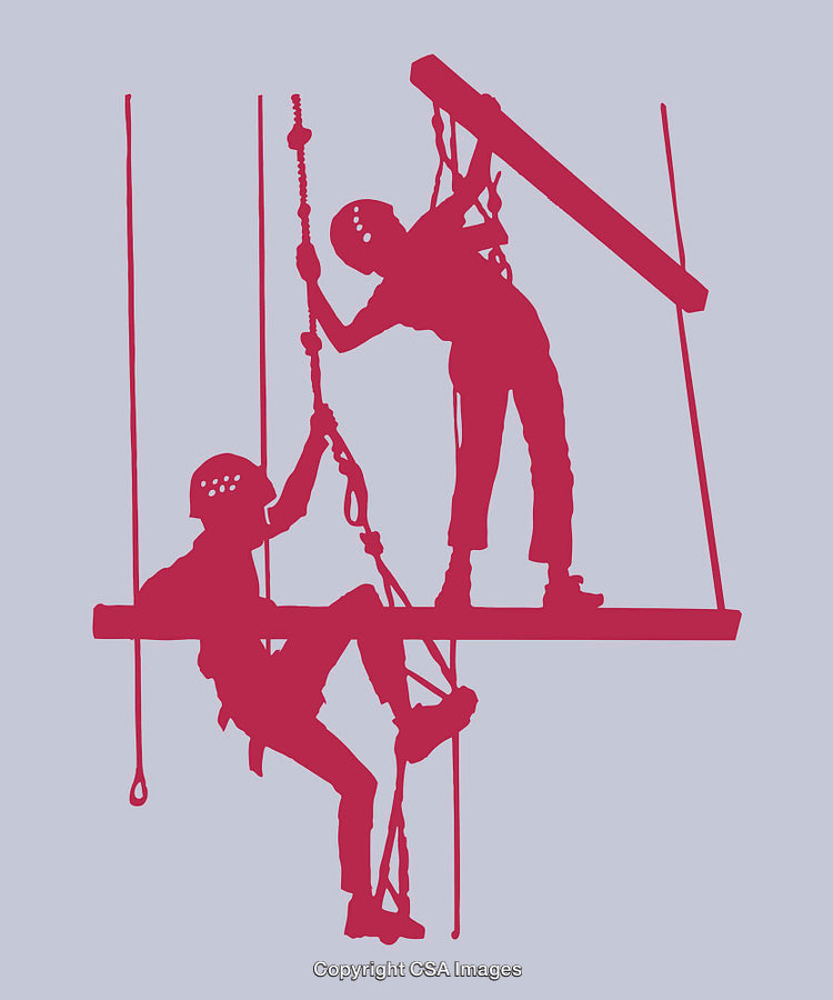 Silhouette Illustration of Two Workers Climbing with Safety Equipment on a Structure
