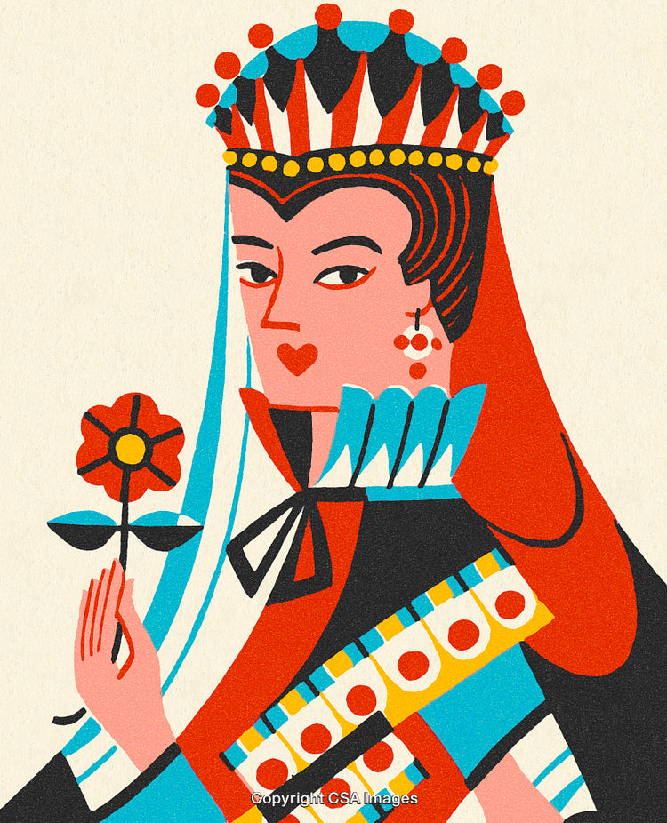 Stylized Illustration of a Queen with Royal Attire and Floral Motif