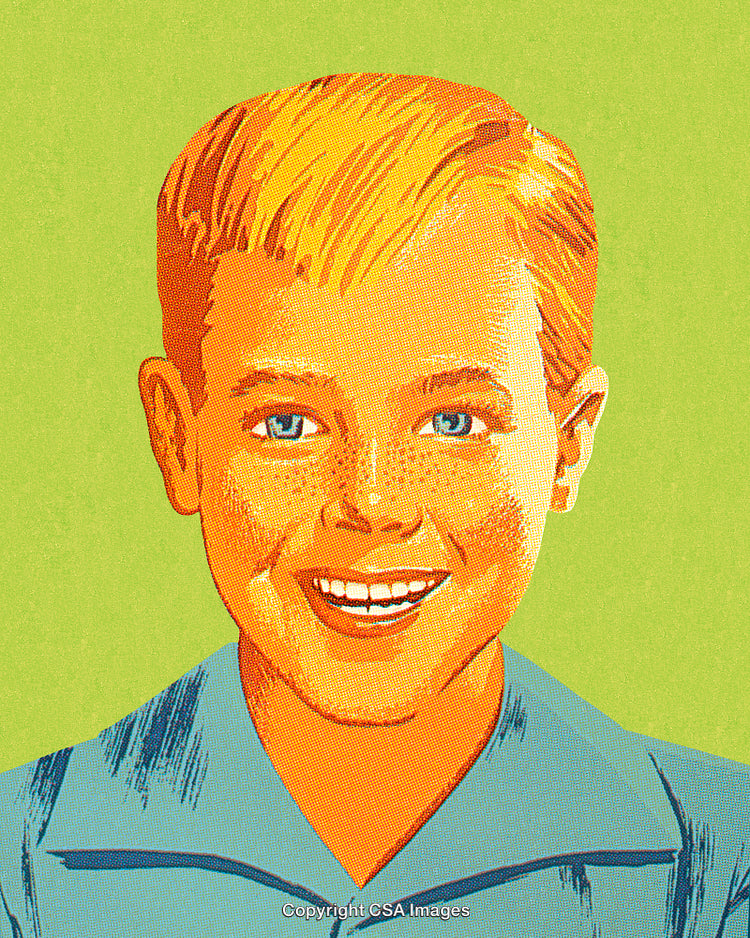 Retro Illustration of a Smiling Boy Wearing a Collared Shirt, Pop Art Style