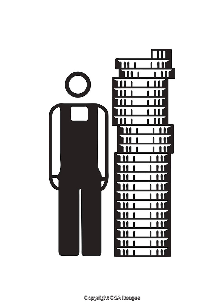 Black and White Icon Illustration of a Person Beside a Stack of Coins