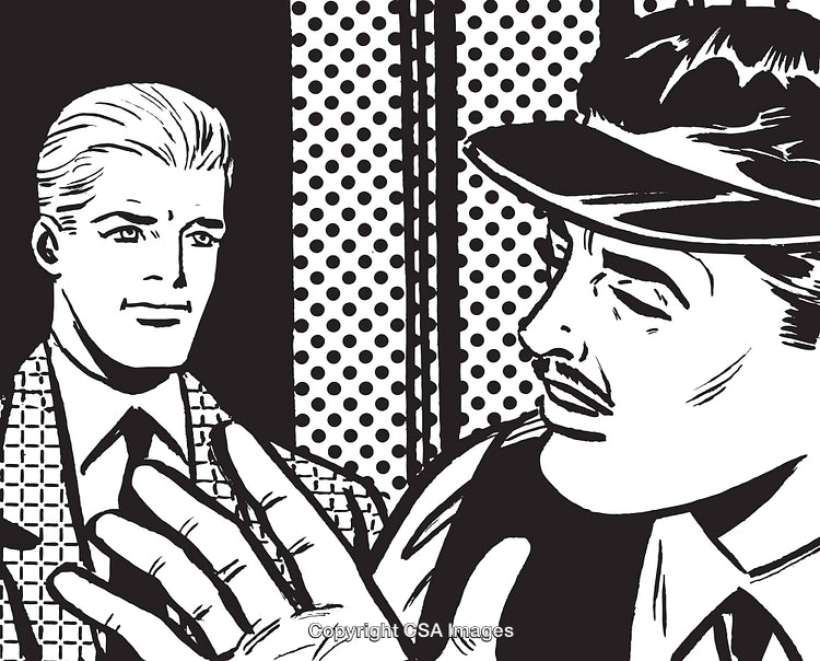 Classic Pop Art Style Illustration Featuring Two Men in Conversation