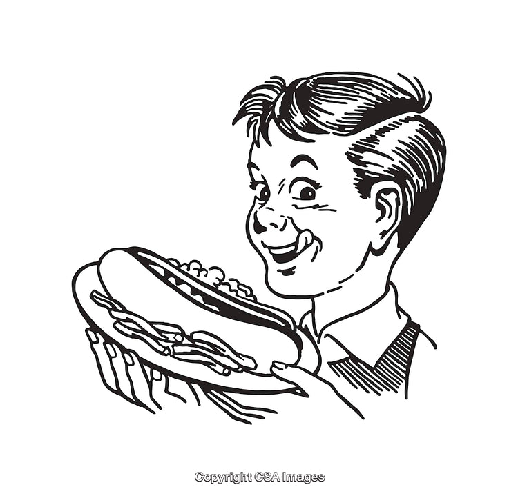 Vintage Black and White Illustration of a Boy Enjoying a Hot Dog