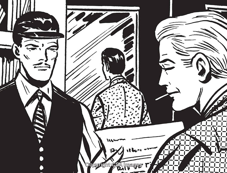 Vintage Black And White Illustration Depicting a Dramatic Scene With Three Men