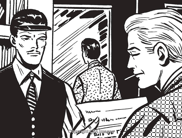 Vintage Black And White Illustration Depicting a Dramatic Scene With Three Men