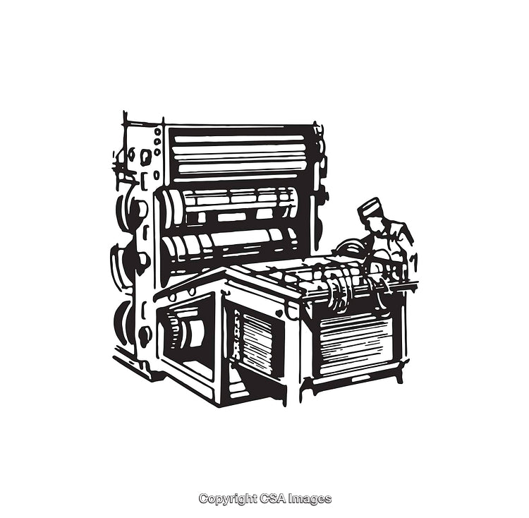 Black And White Line Art Illustration of a Printing Press in Action
