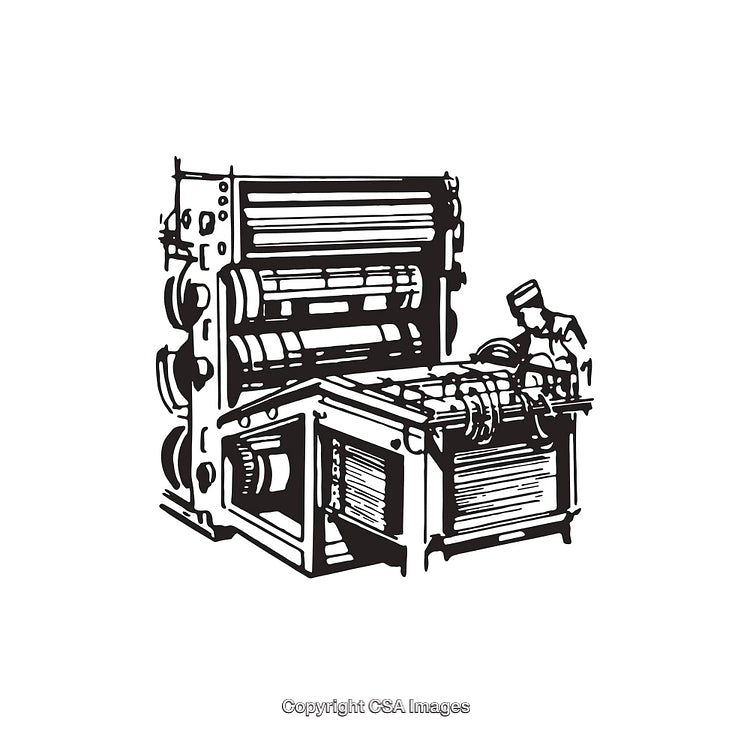 Black And White Line Art Illustration of a Printing Press in Action