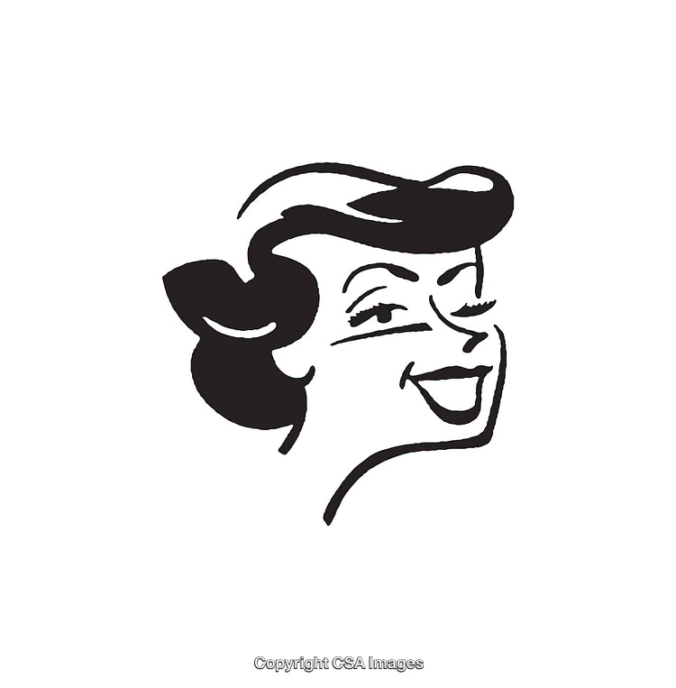 Retro Black and White Smiling Woman Illustration with Elegant Hairstyle