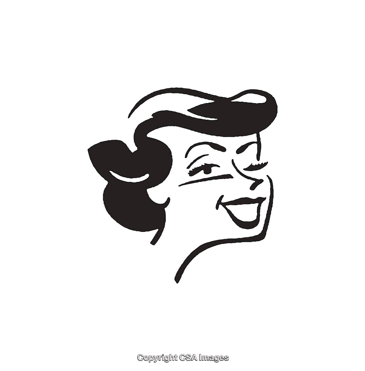 Retro Black and White Smiling Woman Illustration with Elegant Hairstyle