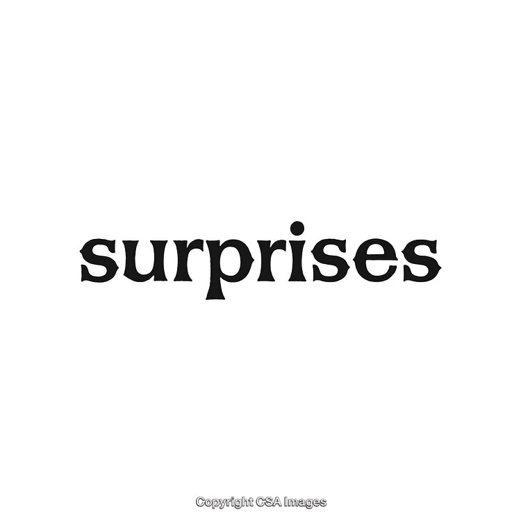 Black Text Reading 'Surprises' on a White Minimalist Background