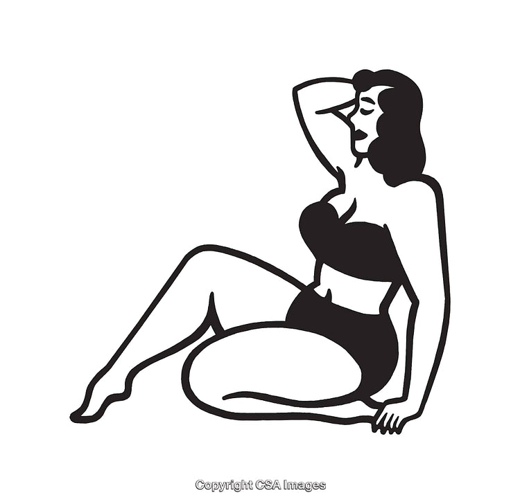 Elegant Black And White Pin-Up Line Art Illustration of a Seated Woman