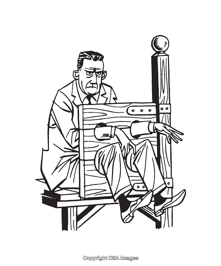 Black and White Line Art of Man Seated in Stockade