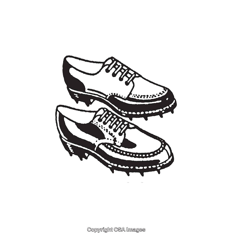 Black and White Line Art Illustration of Vintage Golf Shoes with Spikes
