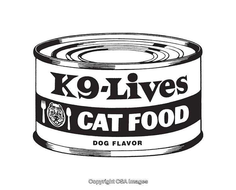 Black and White Illustration of Humorous Cat Food Can Label Design