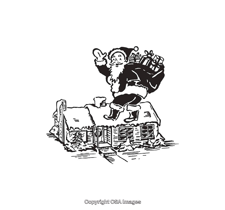 Santa Claus Delivering Gifts on a Snowy House Roof Drawing