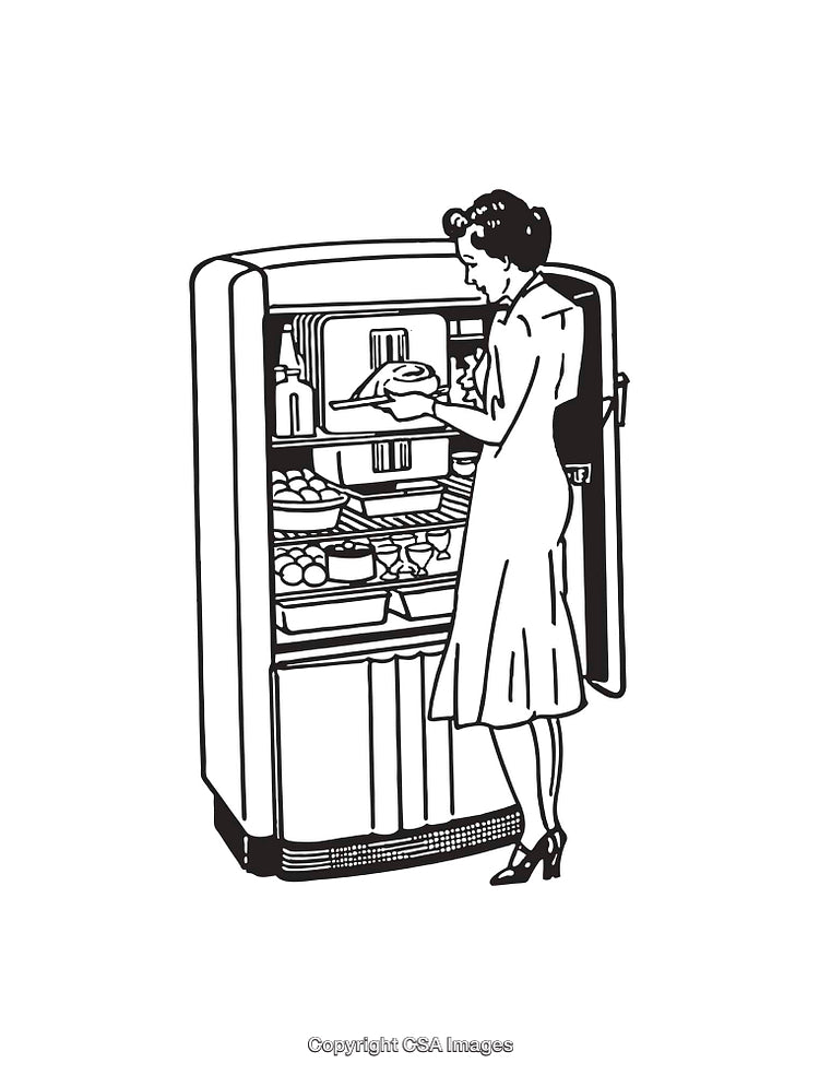Vintage Line Art of Woman Using Refrigerator in Classic Style
