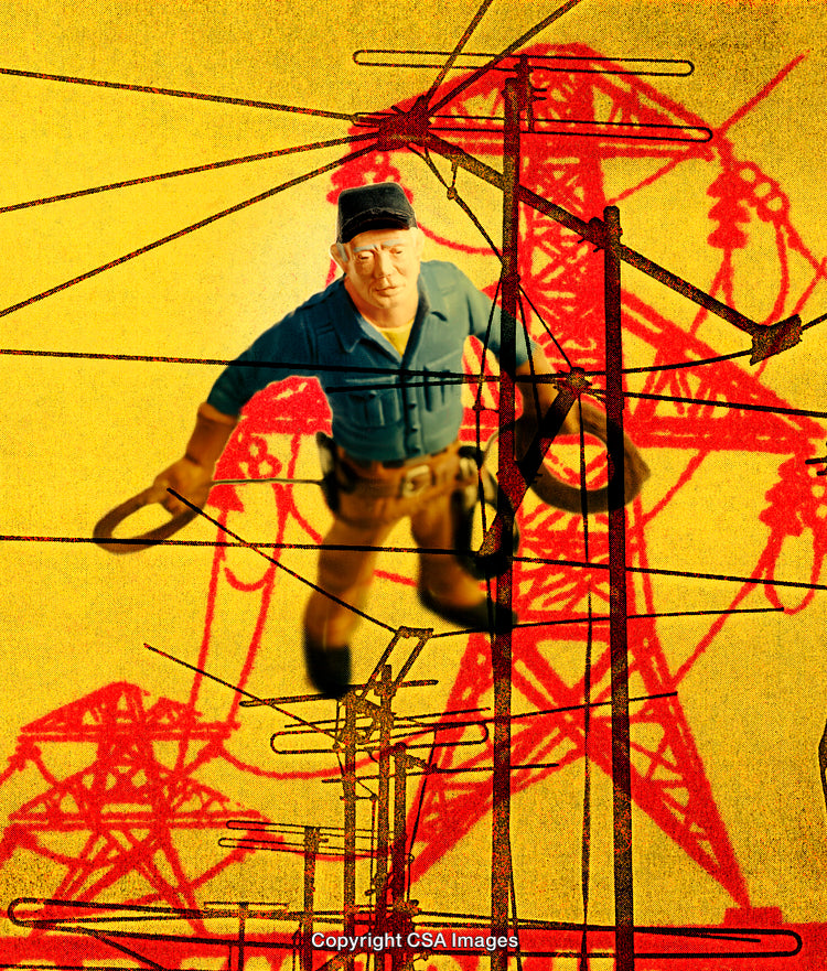 Power Lines and Engineer Toy Figure with Artistic Backdrop