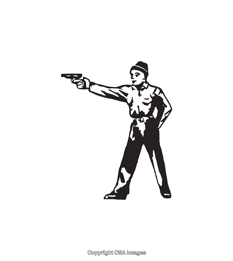 Black and White Illustration of a Man Aiming a Handgun