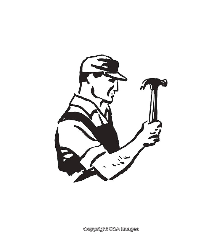 Black And White Line Art Illustration of Worker Holding a Hammer