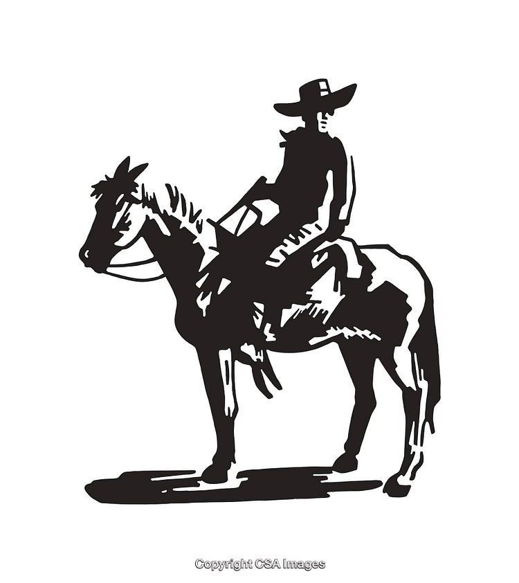 Black and White Line Art Illustration of a Cowboy on a Horse