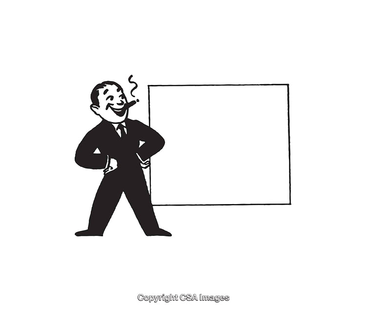 Retro Line Art of a Businessman with Blank Sign in Black and White