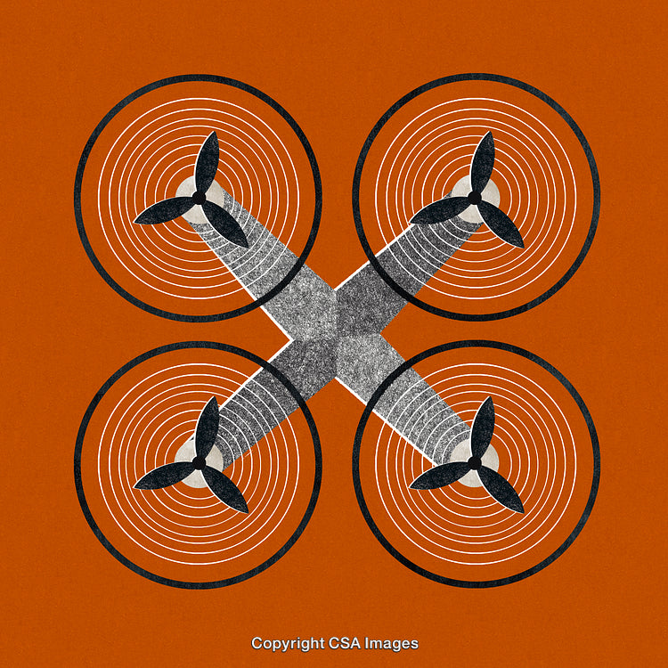 Illustration of a Drone With Rotating Propellers in a Minimalist Style