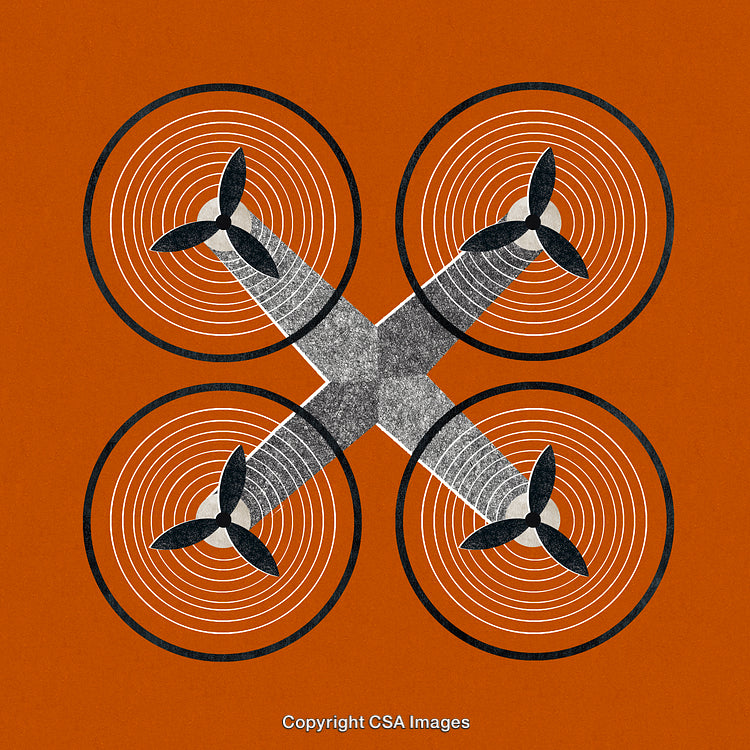 Illustration of a Drone With Rotating Propellers in a Minimalist Style