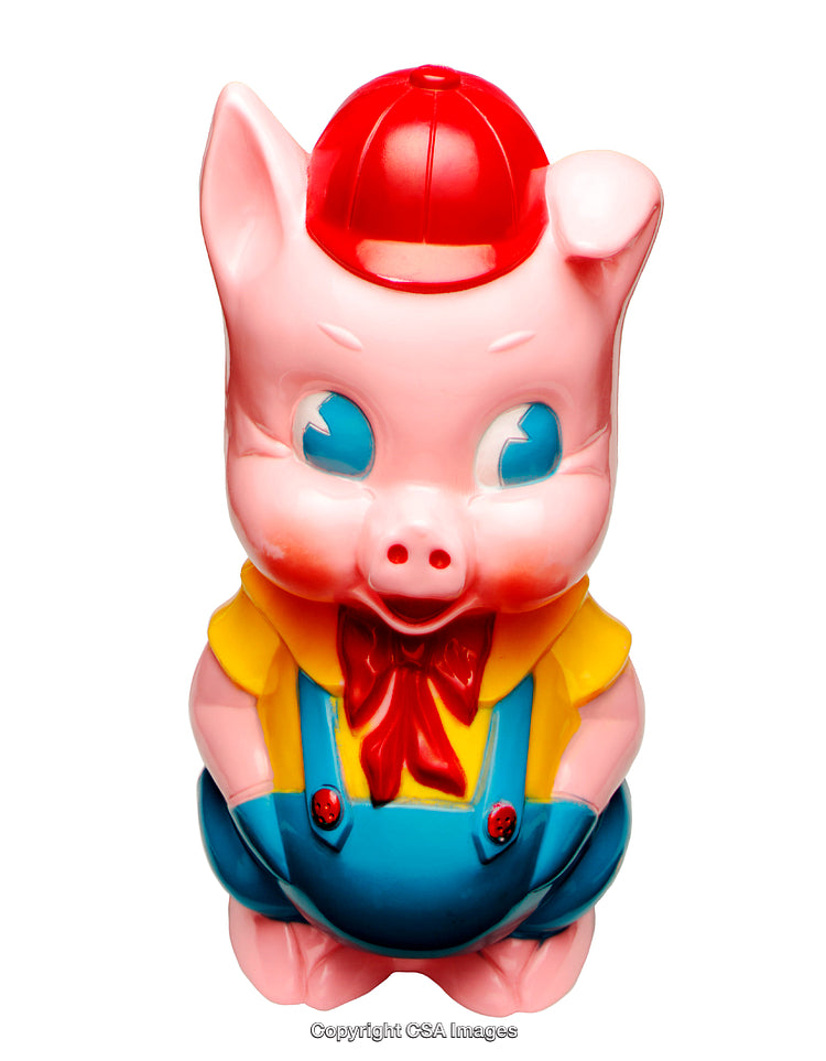 Colorful Plastic Pig Toy with Red Hat on White Background