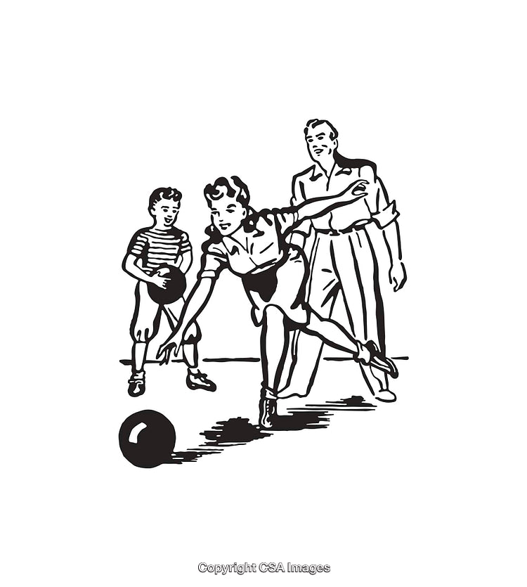 Vintage Line Art of Family Playing a Bowling Game Together